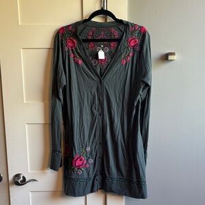 Johnny Was large embroidered knit cardigan Joy Love Light gray pink